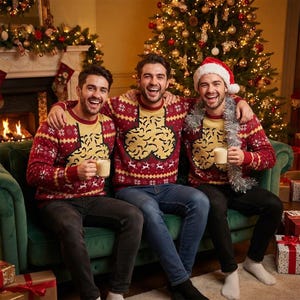 May include: Three matching red knit jumpers featuring a beige graphic design on the chest, long sleeves, and a white snowflake and reindeer pattern. The jumpers are worn with dark denim jeans and one includes a red and white Santa hat.
