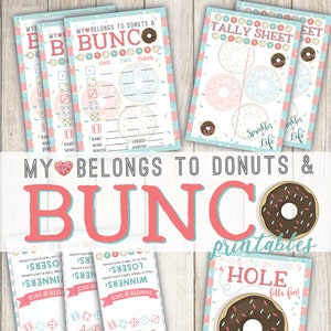 Donut Bunco Printables, bunco set, bunco printables, fun bunco theme, dessert bunco cards, printable bunco score cards, bunco score cards