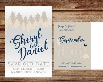 Woodsy Save the Date Postcard, Printable save the date, woods save the date, forest save the date, evergreen trees, pine tree save the date