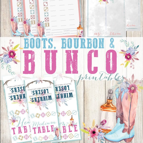 Western Themed Bunco Printable, Boots Bourbon Bunco Cards, Bunco Tally Sheets, Bunco Table Cards, cowgirl Bunco, western Bunco, boots bunco