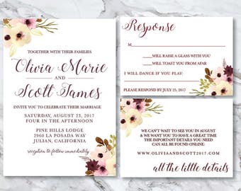 Blush & Burgundy Floral Wedding Invitation with Modern Calligraphy