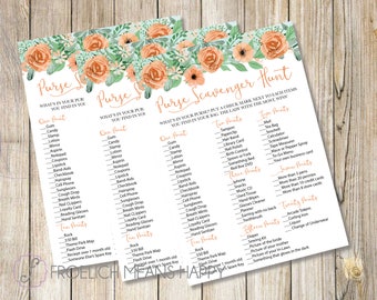 What's in Your Purse?! Purse Scavenger Hunt Bridal Shower Printable Game in Peach Floral & Mint