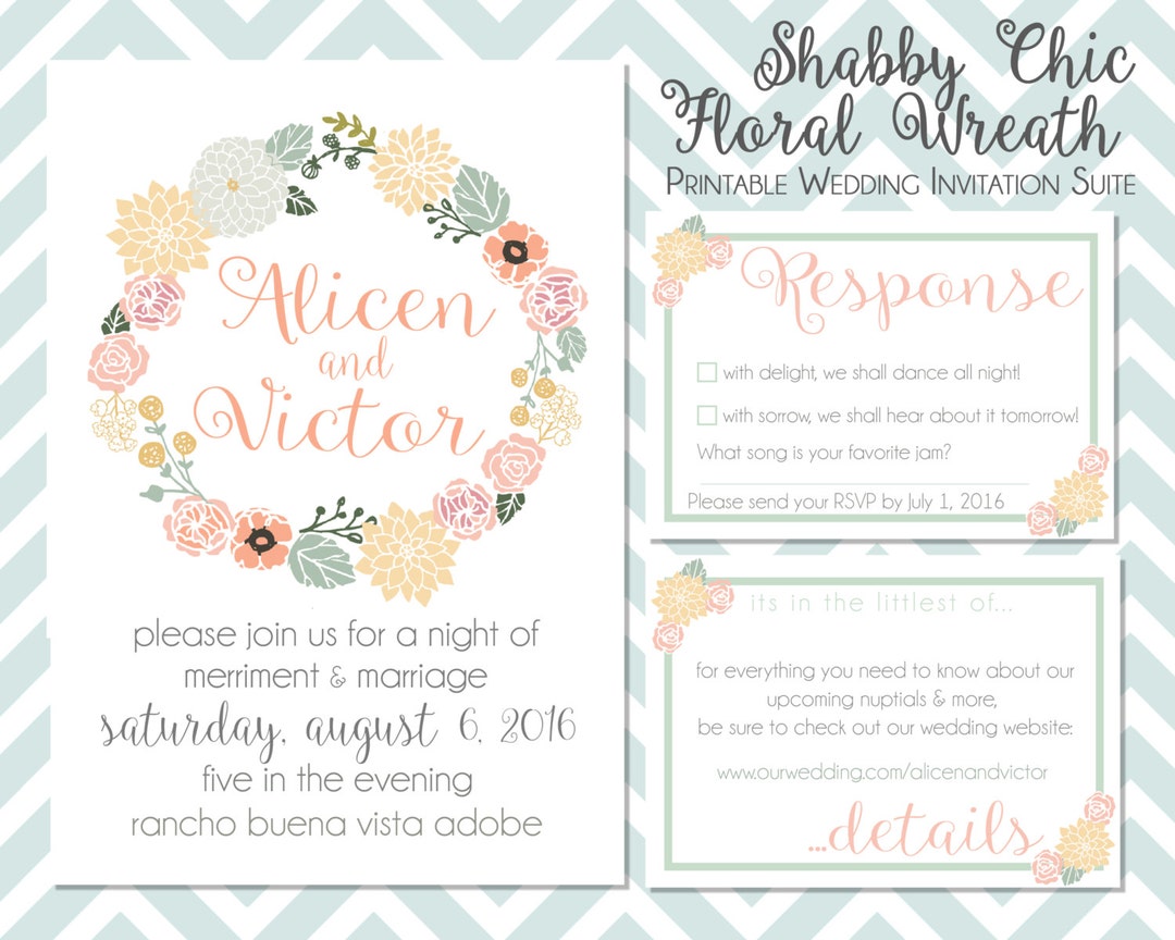 Shabby Chic Floral Wreath Printable Wedding Invitation Suite - Etsy