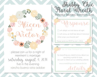 Shabby Chic Floral Wreath Printable Wedding Invitation Suite