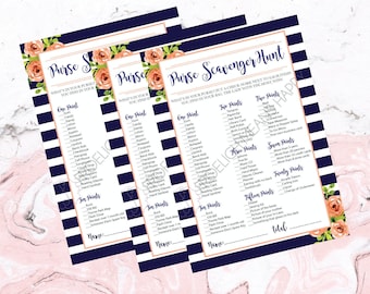 What's in Your Purse?! Purse Scavenger Hunt Baby or Bridal Shower Printable Game with Peach Floral Watercolor and Navy Stripes