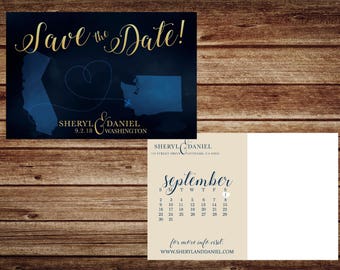 Navy Blue Save the Date, Navy Blue watercolor save the date, state silhouette, out of state, destination wedding invite, gold and blue