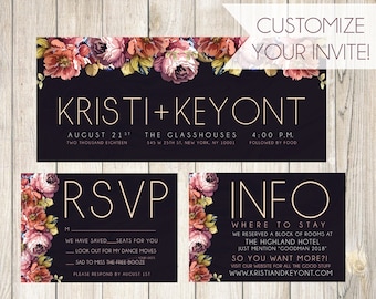 Moody Floral Wedding Invitation, Dark wedding invitation, dark floral wedding, modern wedding invitation, diy wedding invitation, deep tones