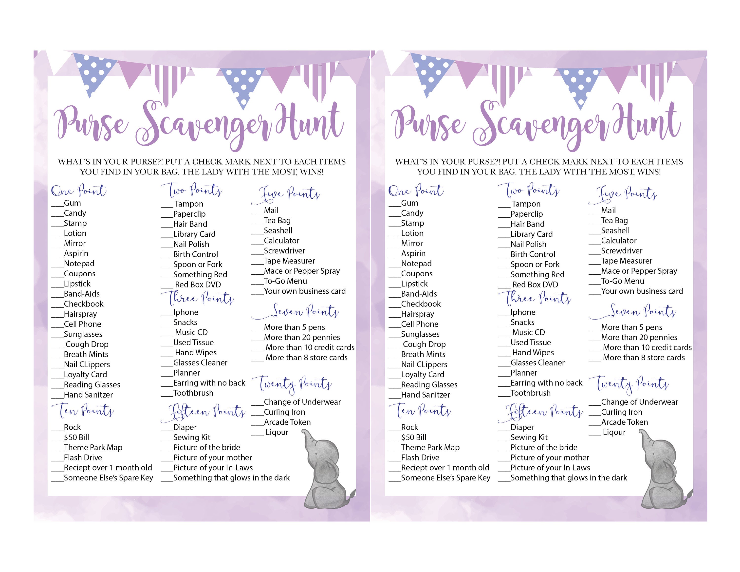 What's in Your Purse Purse Scavenger Hunt Baby or Bridal Shower Printable Game in Purple ... What's in Your Purse Purse Scavenger Hunt Baby or Bridal Shower Printable Game in Purple ...