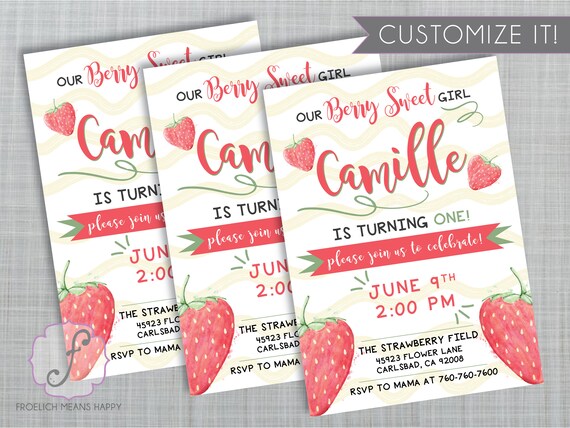 Berry Sweet Birthday Invitation, Strawberry Birthday Invitation, First birthday, berry first birthday invite, strawberry birthday invitation
