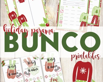 May include: A collection of holiday pajama Bunco printables. The image shows game sheets with red and green designs, dice, and pajama illustrations. Includes tally sheets, scorecards, and table cards. The word "Bunco" is a key element.