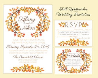 Fall Inspired Printable Watercolor Wedding Invitation Set