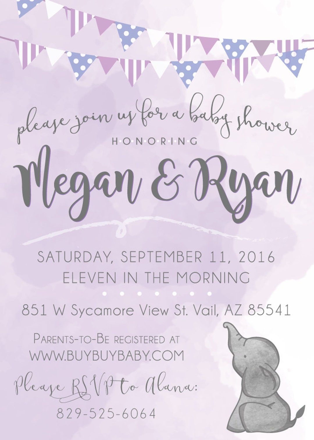 Lavender Elephant Baby Shower Invitation Etsy