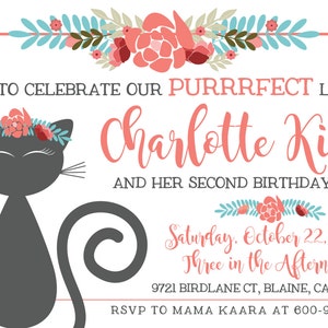 Printable Kitty Cat with Floral Crown Birthday Invitation