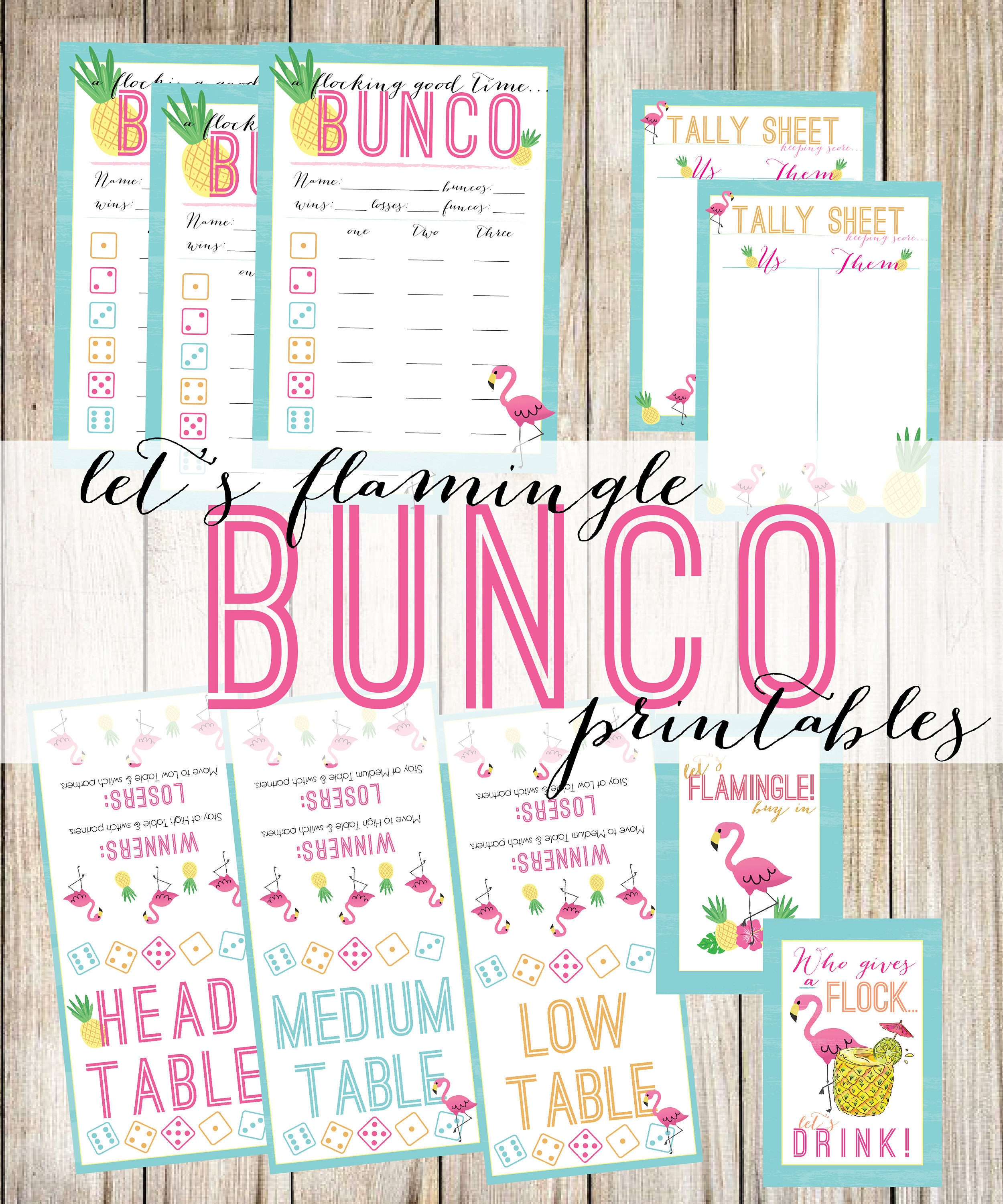 Let's Flamingle! Printable Flamingo & Pineapple Bunco, Bunco Cards, Bunco Tally Sheets, Bunco Table Cards, Pineapple Bunco, Flamingo Bunco