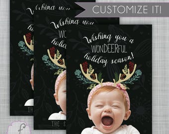 WonDeerful Holiday, cerf Picture card, carte Photo Rennes, Noël Photocard, imprimer carte de Noël, bricolage carte de Noël