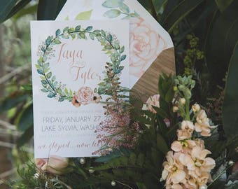 Blush and Cream Printable Floral Wreath Elopement Invitation with Modern Calligraphy