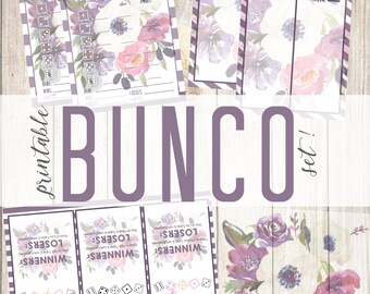 Purple Floral Printable Bunco, purple bunco cards, printable bunco score sheets, bunco score sheets, bunco set, bunco tally sheets