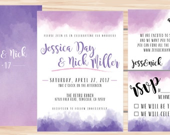 Purple & Pink Modern Watercolor Printable Wedding Invitation