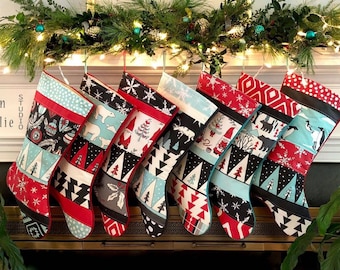 Quilted Christmas Stocking up to Set of up to 7, Personalized Family Patchwork Stockings, Modern Farmhouse, Red Turquoise Rustic Country