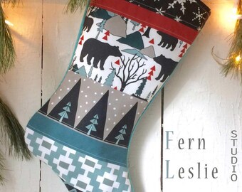 Personalized Bear Christmas Stocking, Quilted Woodland Holiday Decor - rustic cabin core