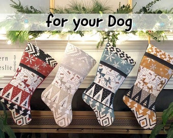 Dog Christmas Stocking Quilted, Dog Bones, Holiday, Handmade Personalized Pet Stockings, Blue, White, Red, Yellow, Black, Country Modern