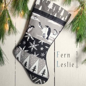Black White Christmas Stocking Penguins, Nordic, Personalized Stocking, Grey, Handmade Stocking, Quilted Stocking, Holiday Decor