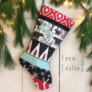 Woodland Bear Christmas Stocking, Quilted Personalized Stockings Handmade, Country Rustic Farmhouse, Black, Red, Turquoise, Fern Leslie
