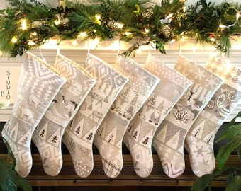 White Christmas Stockings Family Set up to 7, Personalized Quilted, Modern Clean Farmhouse, Patchwork Rustic, Silver Gray, Designer White