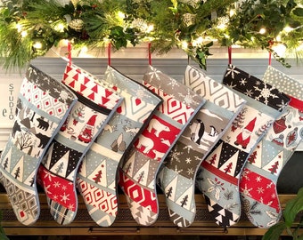 Christmas Stockings Family Set up to 7, Quilted Farmhouse, Matching Personalized Traditional Nordic Holiday, Penguin, Gnome, Red, Light Blue