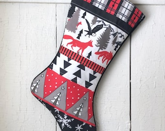 Fox & Owl Christmas Stocking Personalize, Quilted Rustic Woodland Holiday Stockings Handmade, Nordic, Modern Farmhouse, Red, Black, Gray