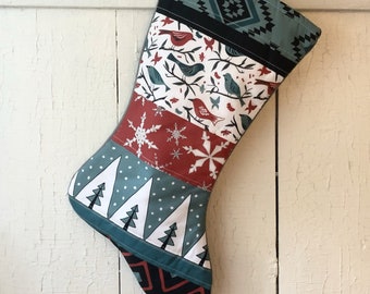 Bird Christmas Stocking, Personalized Country Christmas Quilted Stockings, Farmhouse Modern, Holiday Stocking, Blue Spruce, Olde Red, Black