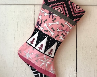 Pink Dog Christmas Stocking, Quilted,  Cats Christmas, Handmade Pet Stocking, White, Black, Personalized Holiday Decor, Country Farmhouse