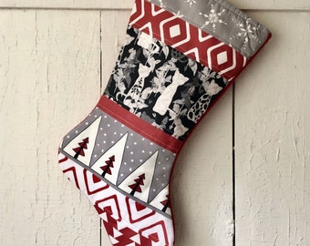 Red Cat Christmas Stocking Quilted, Cats Stockings, Handmade Pet Stocking, Red White Black, Personalized Holiday Decor, Country Farmhouse