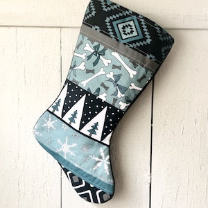 Blue Dog Christmas Stocking, Dog Bones, Quilted Handmade Pet Gift, Blue, White, Black, Personalized Holiday Decor