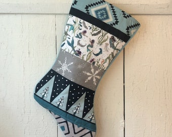 Mermaid Christmas Stocking Handmade, Country Christmas Quilted Stockings, Personalized, Modern, Holiday Stocking, Blue, Grey, Black