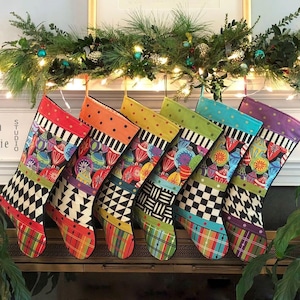 Colorful Quilted Christmas Stockings Bright Modern, Handmade Personalized Traditional Family Set of up to 6, Candy Color, Multicolor Holiday