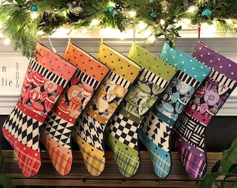 Rainbow Christmas Stockings Handmade Quilted, Personalized Family Stocking Set up to 6, Pride Holiday, Colorful, multicolor Modern Farmhouse