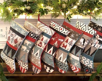 Family Christmas Stockings up to Set of 8 or more, Handmade Vintage Inspired, Farmhouse Boho, Holiday Rustic Quilted, Blue Spruce, Old Red