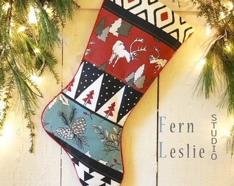 Reindeer Handmade Christmas Quilted Stocking, Country Boho Rustic, Vintage Inspired, Personalised,  Holiday Stocking, Blue Spruce, Old Red