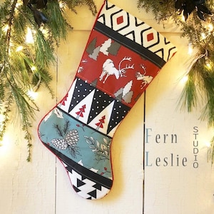 Reindeer Handmade Christmas Quilted Stocking, Country Rustic Cabin, Vintage Appeal, Personalised,  Holiday Stocking, Blue Spruce, Old Red
