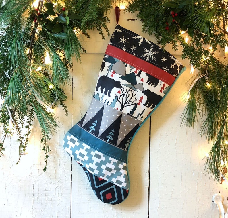 Traditional Nordic Quilted Stocking Handmade Holiday Stockings Blue Spruce Red Gray Black Personalized Christmas Stockings Family Set of 7