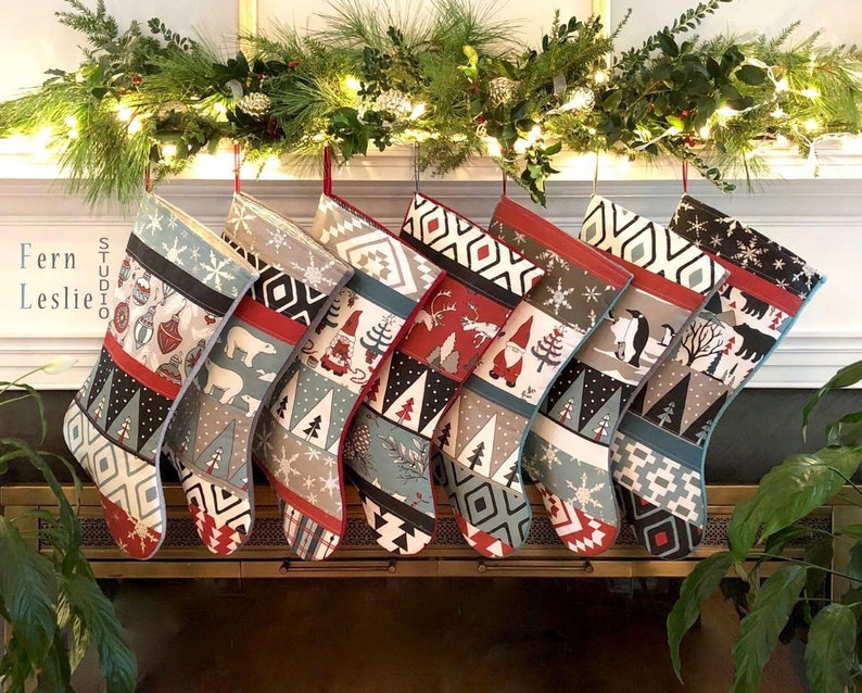 Traditional Nordic Quilted Stocking Handmade Holiday Stockings Blue Spruce Red Gray Black Personalized Christmas Stockings Family Set of 7