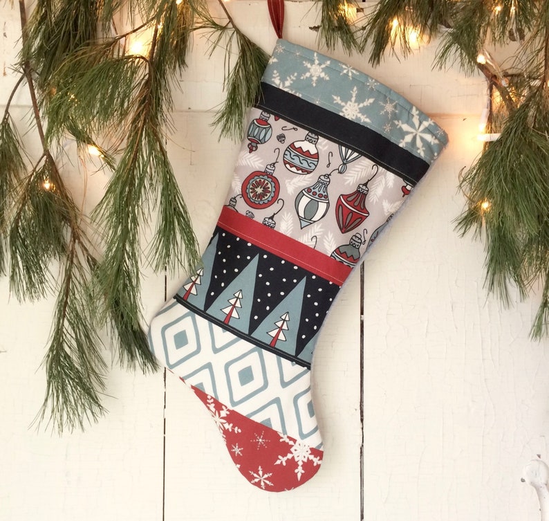 Traditional Nordic Quilted Stocking Handmade Holiday Stockings Blue Spruce Red Gray Black Personalized Christmas Stockings Family Set of 7