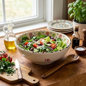 May include: A large ceramic salad bowl with a cream-coloured base and a hand-painted floral pattern in red and green. The bowl is filled with a fresh salad containing lettuce, cherry tomatoes, cucumbers, olives, and crumbled white cheese.