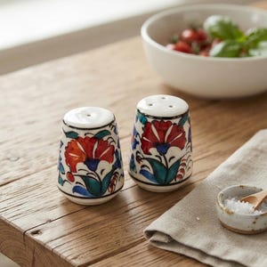 Puede incluir: Un par de saleros y pimenteros de cerámica con un patrón floral pintado a mano en tonos vibrantes de rojo, azul y verde sobre un fondo blanco. Cada pieza tiene una forma cilíndrica cónica con una parte superior redondeada y pequeños orificios.