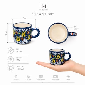 May include: A blue ceramic mug with a colorful floral pattern, measuring 7 cm by 7 cm, weighing 135 grams, and holding 120 ml. The mug features a white interior, a handle, and decorative motifs in yellow, red, green, and white. Text includes Size & Weight.