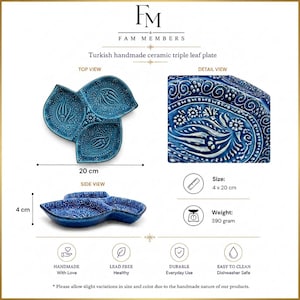 Hand-Painted Ceramic Triple Leaf Serving Dish, Three-Section Snack Tray, Blue Teal Turkish Pottery