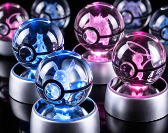 Crystal Pokeball Night Light, 3D Laser Engraved LED Crystal Ball, Pokemon Character Desk Decor, Anime Gamer Gift, Collectible Keepsake