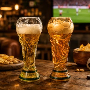 サッカーのトロフィー型ビールグラス、サッカーカップ型パイントグラス、ワールドチャンピオンスタイルのビールジョッキ、サッカーファンへのギフト、スポーツバー用グラスウェア