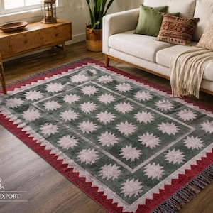 Groene Kelim Rug, Geometrisch Gebiedsdeken, Bourgondische Tribal Rug, Boho Star Pattern Rug